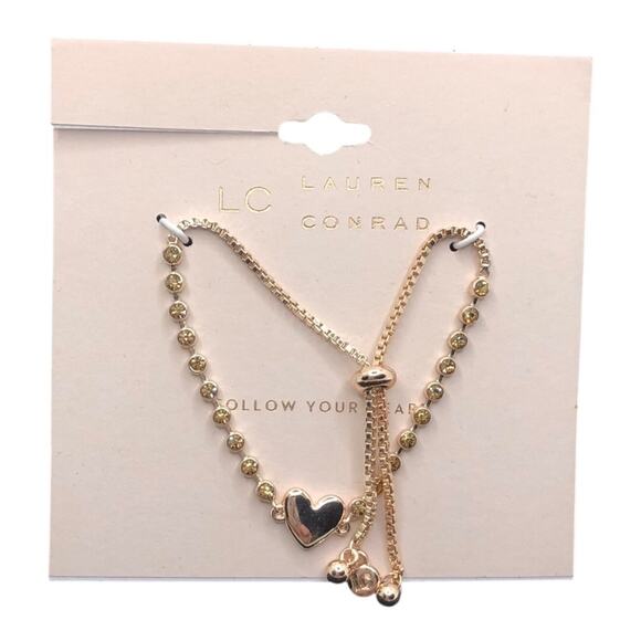 LC Lauren Conrad NWT Gold Tone Rhinestones Gold Balls Heart Slider Bracelet - Picture 1 of 8